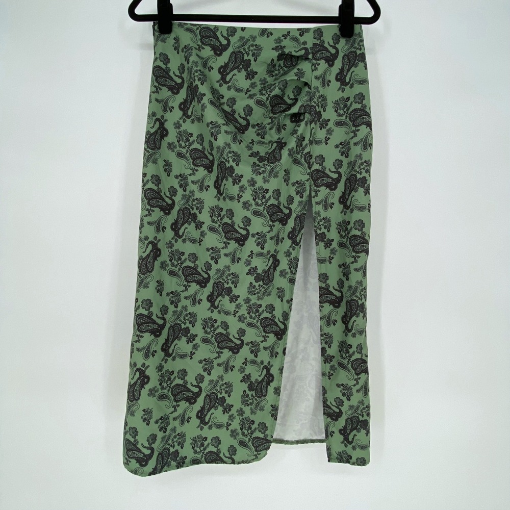 Green Paisley Skirt High Slit Midi Size Medium Whimsigoth Dark romance witchy